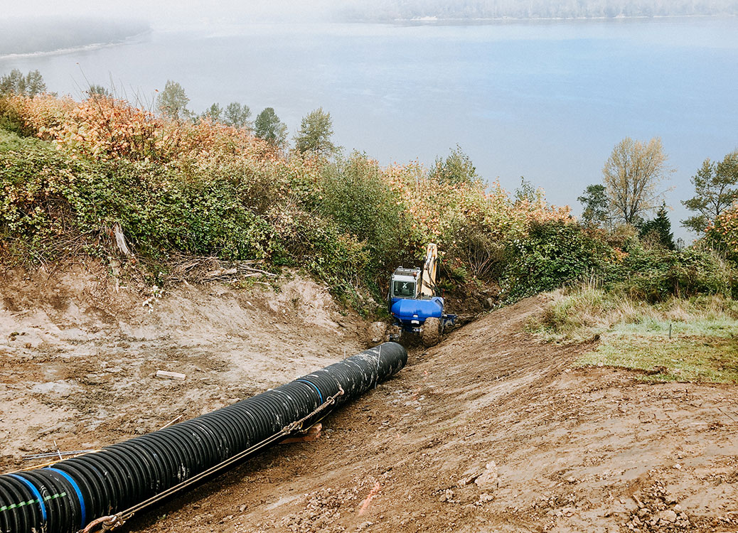 Downward view of steep slope site in Langley, BC