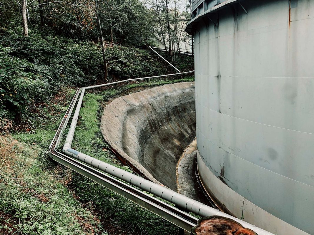 Completed retaining wall surrounding a water tower